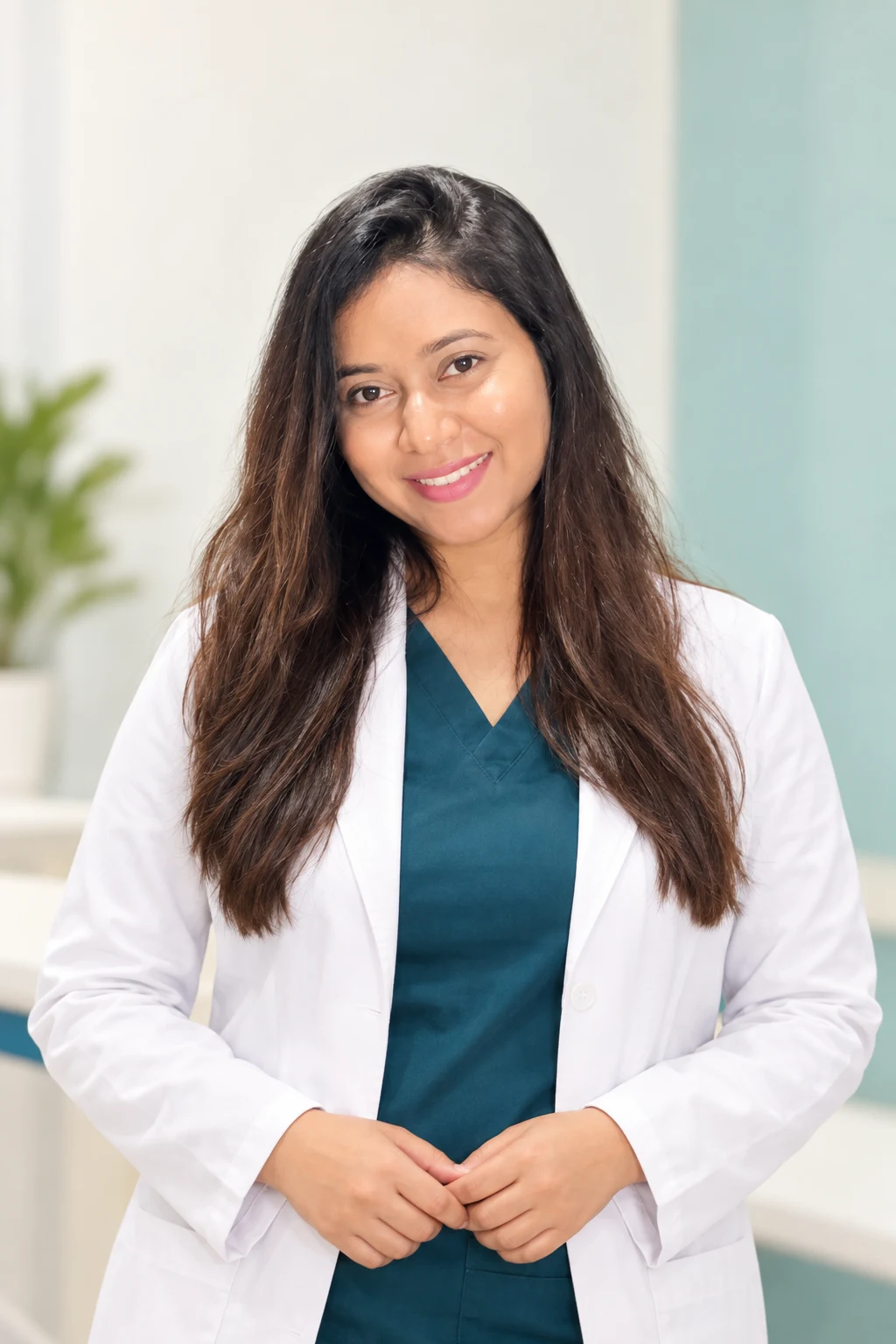 Portrait of Dr. Rikita Patnaik in teal scrubs and a white coat